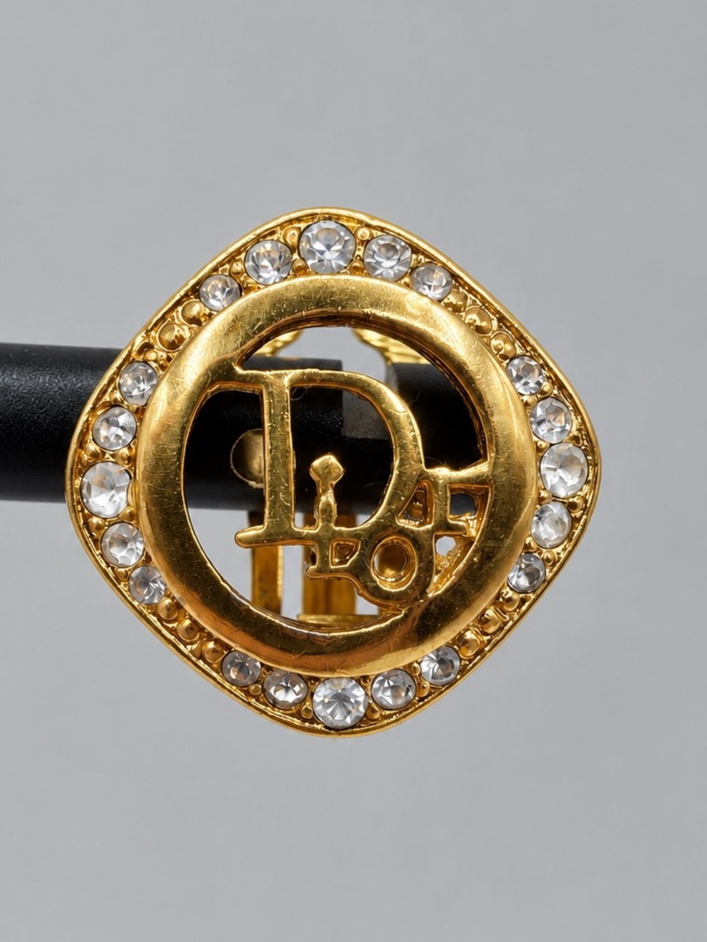 Christian Dior Earrings Vtg CD Logo Gold Plated Clip 1980s Rhinestone Germany - Picture 4 of 9